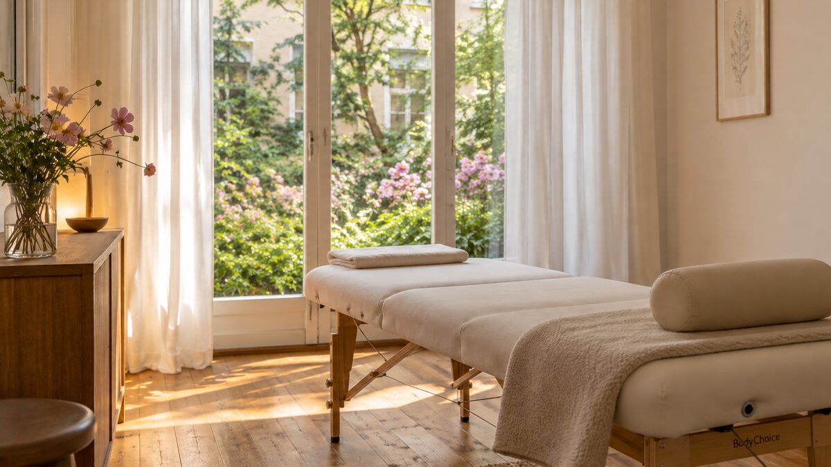 Behandlungsliege der Naturheilpraxis vor der geöffneten Gartentür mit Blick in den blühenden Innenhof